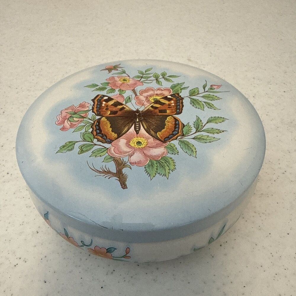 DAHER Round Shaped Trinket Box Tim w/ Butterfly & Flowers Made In England EMPTY